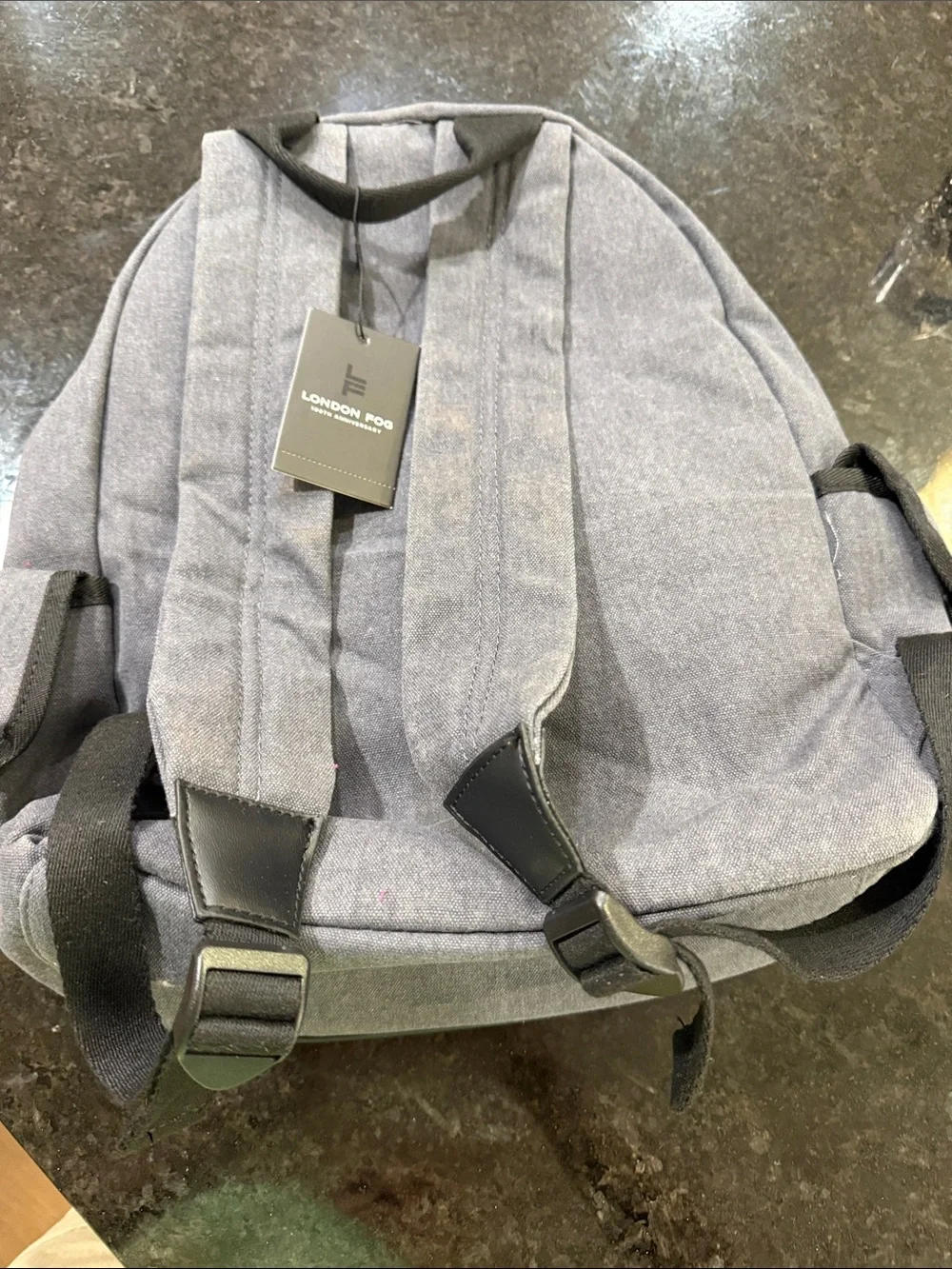 London Fog Gray Canvas Backpack with Gold Hardware